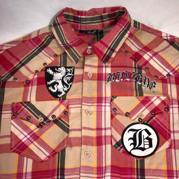 Men’s Bulzeye Black Label Plaid Button Up Short Sleeve Shirt Size XL - Picture 2 of 7